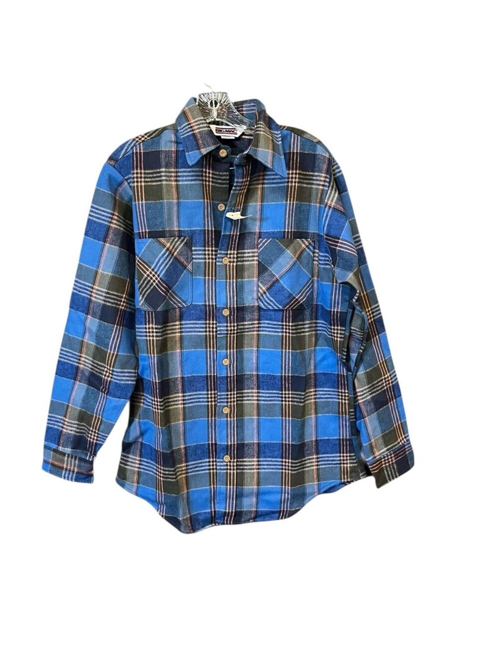 Deadstock Big Mac flannel shirt men M tall plaid blue orange vintage JCpenney